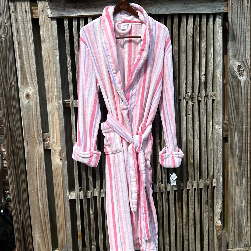 Croft & Barrow NWT Pink Pastel Striped Plush Fleece Robe Shawl Collar SizeSmall